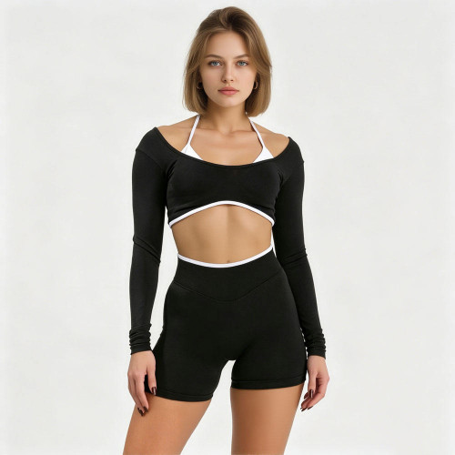 Custom Cutout Long Sleeve Yoga Crop Top | Layered Halter Workout Top for Women