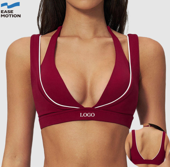 Custom Contrast Trim Double Strap Yoga Bra | Deep V-Neck Sports Bra for Women