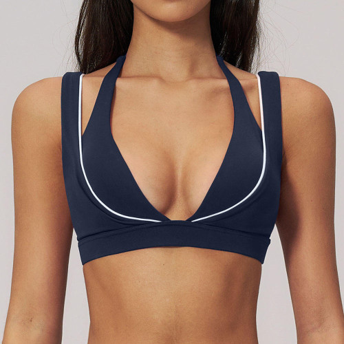 Custom Contrast Trim Double Strap Yoga Bra | Deep V-Neck Sports Bra for Women