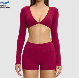 Custom Deep V-Neck Long Sleeve Yoga Set | Crop Top & High Waist Shorts for Women