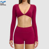 Custom Deep V-Neck Long Sleeve Yoga Set | Crop Top & High Waist Shorts for Women