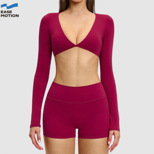 Custom Deep V-Neck Long Sleeve Yoga Set | Crop Top & High Waist Shorts for Women