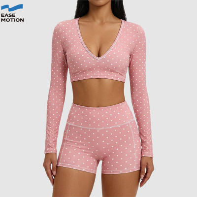 Custom Deep V-Neck Long Sleeve Yoga Set | Crop Top & High Waist Shorts for Women