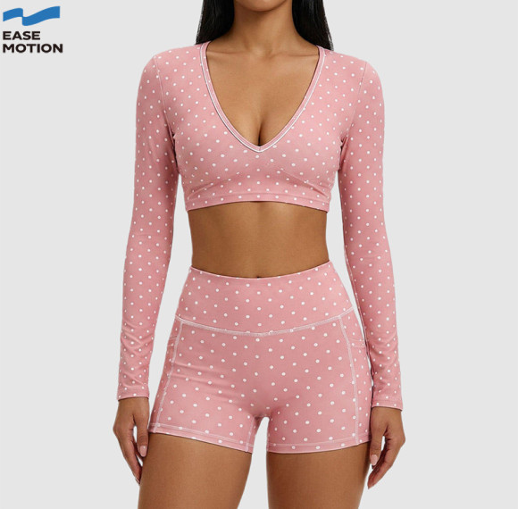 Custom Deep V-Neck Long Sleeve Yoga Set | Crop Top & High Waist Shorts for Women