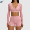 Custom Deep V-Neck Long Sleeve Yoga Set | Crop Top & High Waist Shorts for Women