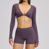 Custom Deep V-Neck Long Sleeve Yoga Set | Crop Top & High Waist Shorts for Women