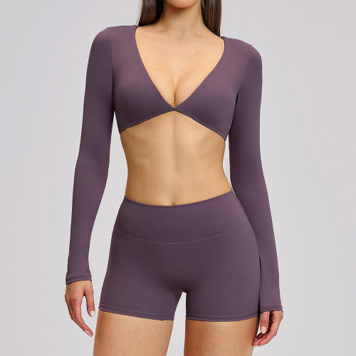 Custom Deep V-Neck Long Sleeve Yoga Set | Crop Top & High Waist Shorts for Women