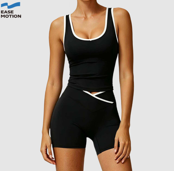 Custom Contrast Trim Cross Waist Yoga Set | Tank Top & Biker Shorts for Women