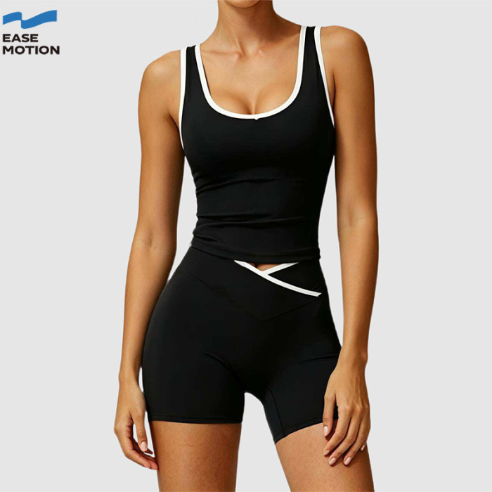 Custom Contrast Trim Cross Waist Yoga Set | Tank Top & Biker Shorts for Women