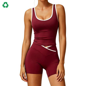 Custom Contrast Trim Cross Waist Yoga Set | Tank Top & Biker Shorts for Women
