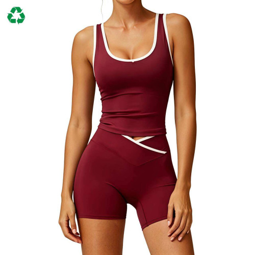 Custom Contrast Trim Cross Waist Yoga Set | Tank Top & Biker Shorts for Women