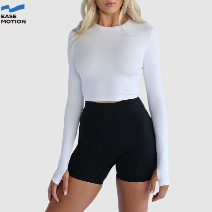 Custom Thumbhole Long Sleeve Crop Yoga Top | Crew Neck Workout Shirt for Women