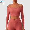 Custom Off-Shoulder Scallop Long Sleeve Yoga Top | Cropped Workout Top for Women