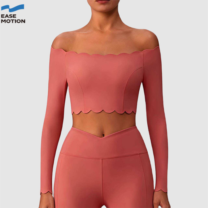 Custom Off-Shoulder Scallop Long Sleeve Yoga Top | Cropped Workout Top for Women