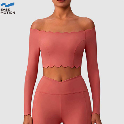 Custom Off-Shoulder Scallop Long Sleeve Yoga Top | Cropped Workout Top for Women