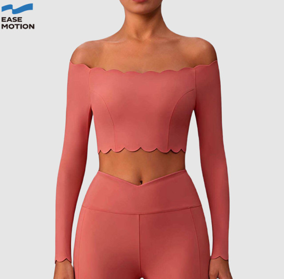 Custom Off-Shoulder Scallop Long Sleeve Yoga Top | Cropped Workout Top for Women