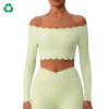 Custom Off-Shoulder Scallop Long Sleeve Yoga Top | Cropped Workout Top for Women