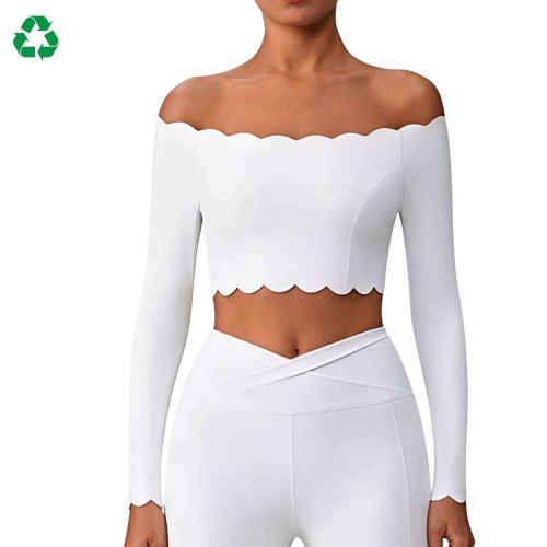 Custom Off-Shoulder Scallop Long Sleeve Yoga Top | Cropped Workout Top for Women