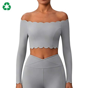 Custom Off-Shoulder Scallop Long Sleeve Yoga Top | Cropped Workout Top for Women