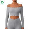 Custom Off-Shoulder Scallop Long Sleeve Yoga Top | Cropped Workout Top for Women