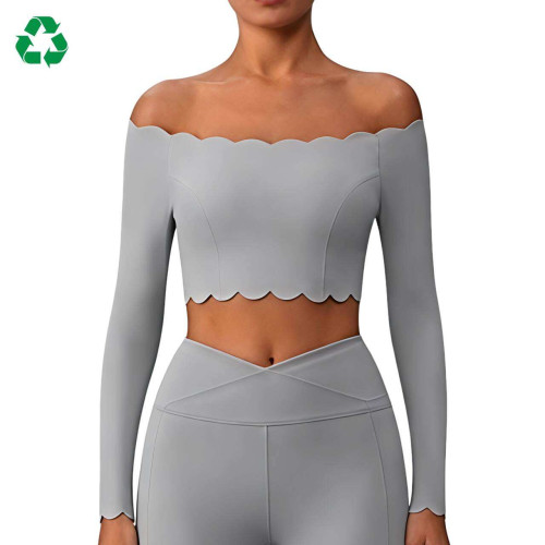 Custom Off-Shoulder Scallop Long Sleeve Yoga Top | Cropped Workout Top for Women