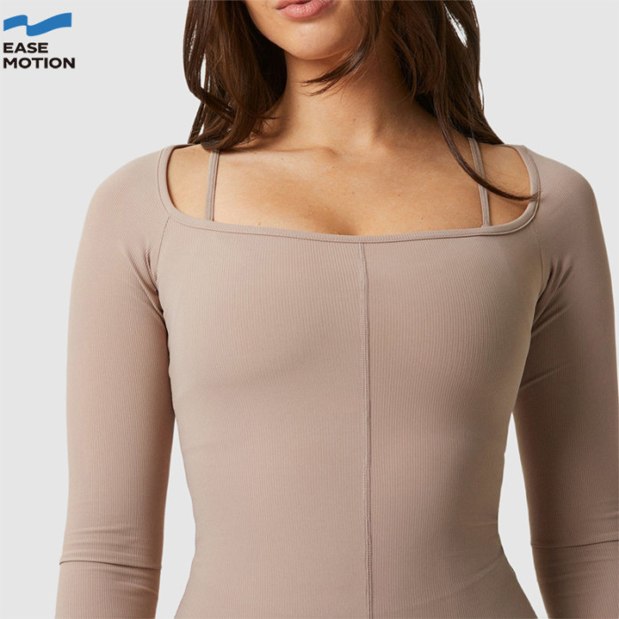 Custom Ribbed Square Neck Long Sleeve Yoga Top | Workout Shirt for Women