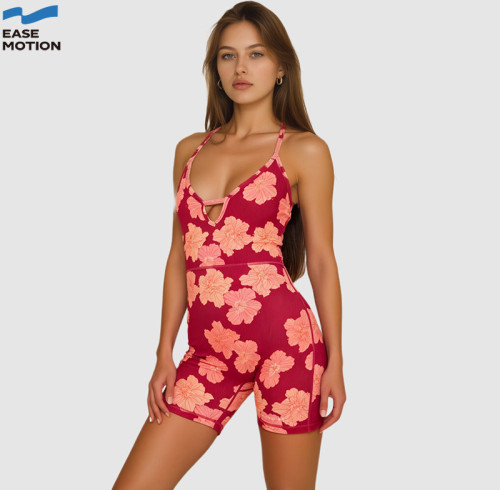 Custom Floral Ribbed Halter Yoga Jumpsuit | 1-Piece Workout Romper