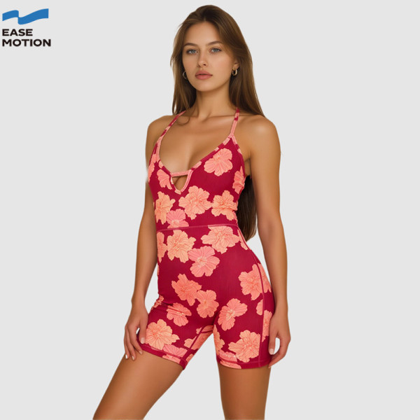 Custom Floral Ribbed Halter Yoga Jumpsuit | 1-Piece Workout Romper