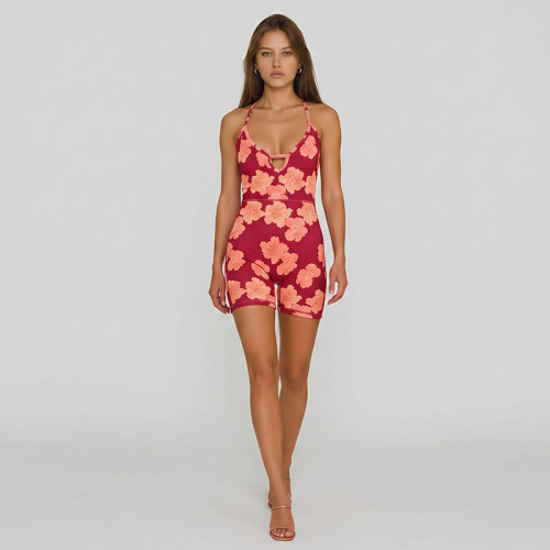 Custom Floral Ribbed Halter Yoga Jumpsuit | 1-Piece Workout Romper