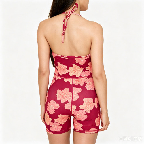 Custom Floral Ribbed Halter Yoga Jumpsuit | 1-Piece Workout Romper