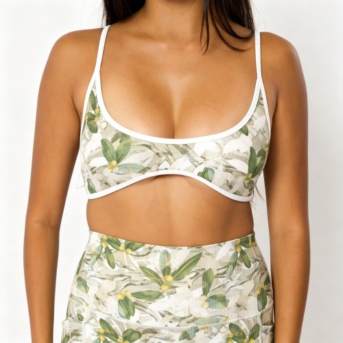 Custom Floral Contrast Trim Yoga Set | Sports Bra & High-Waist Shorts