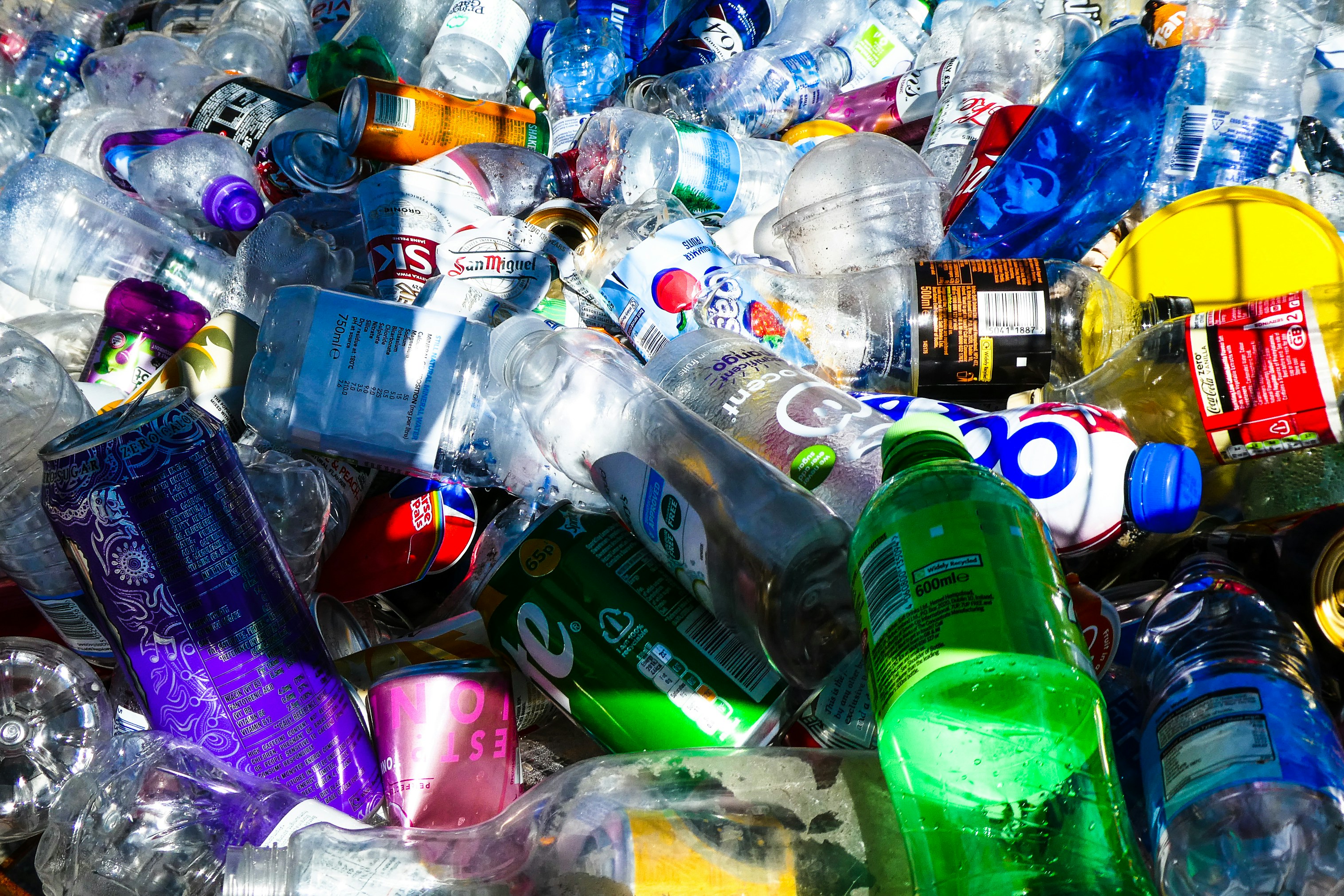 Bales of sorted plastic bottles ready for the recycling process.