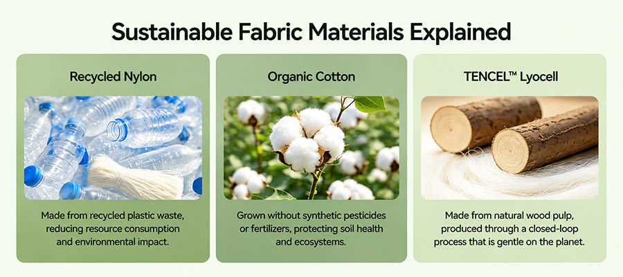 Sustainable fabric samples – recycled nylon, organic cotton, TENCEL lyocell arranged on wooden table, natural lighting, textile setting