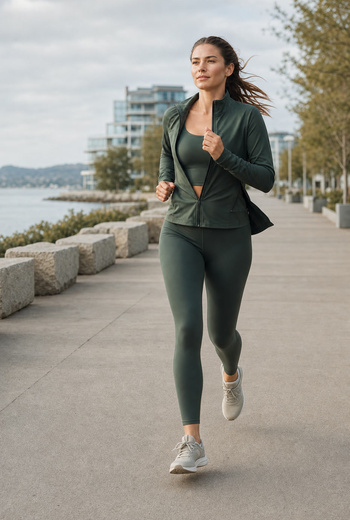 easemotion women's green running set with zip jacket, sports bra, and high-waisted leggings