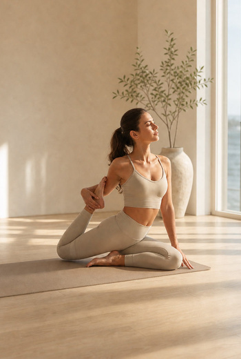 easemotion women's beige yoga set with sports bra and high-waisted leggings