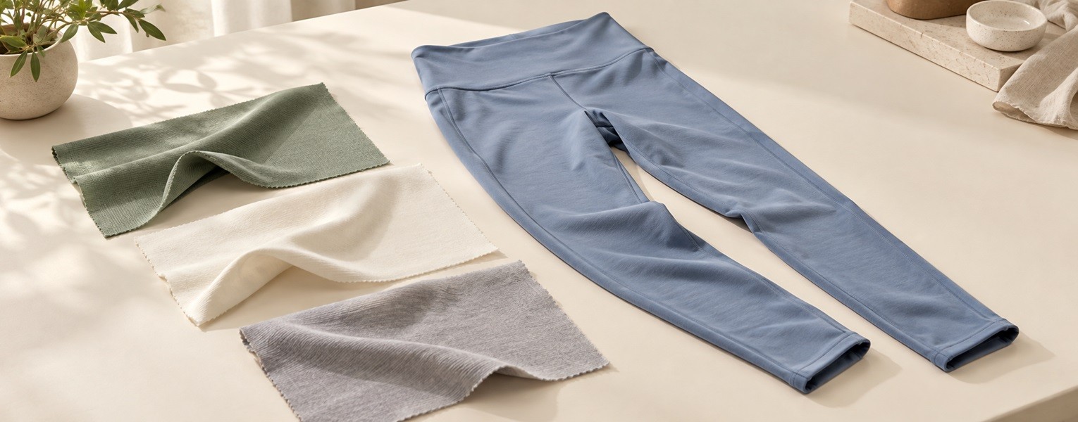 Dusty-blue leggings and sage, ivory, and gray fabric swatches on an apparel development table.