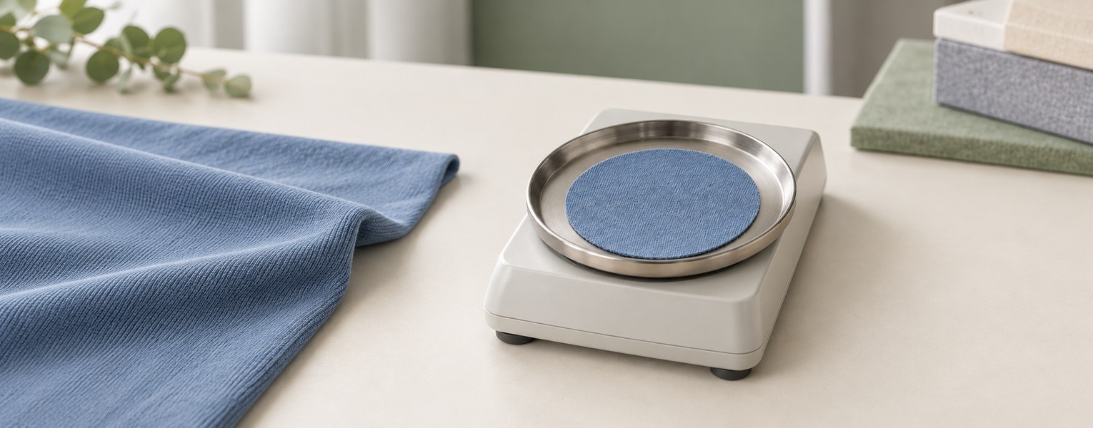 A circular blue knit fabric specimen resting on a weighing pan beside matching fabric.