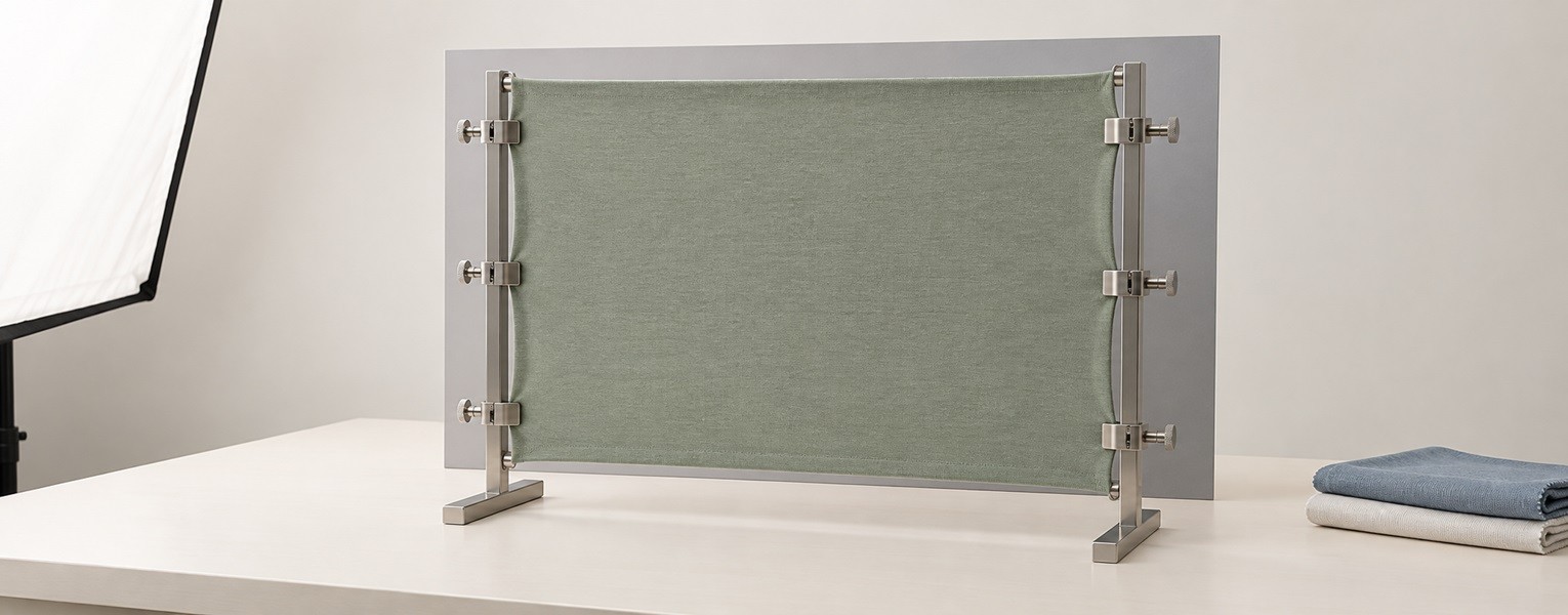 Sage-green knit fabric secured in a frame in front of a gray backing for visual assessment.