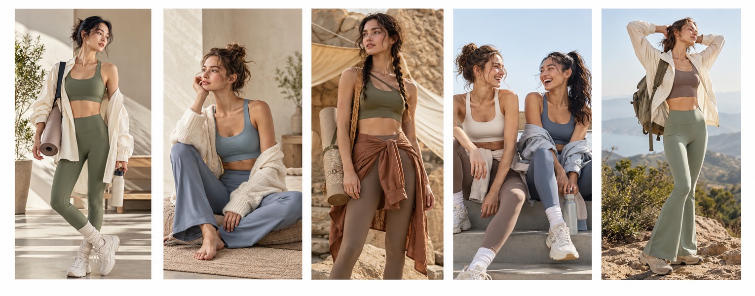 Five-panel collage of women styling olive, taupe and muted blue activewear with relaxed layers in indoor and outdoor settings.