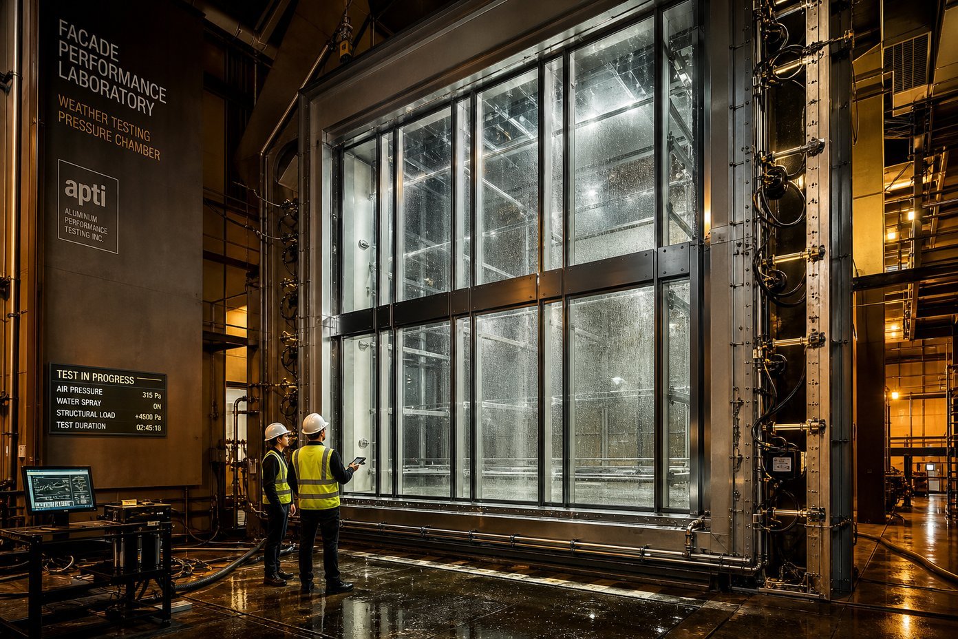 Aluminum curtain wall mock-up under weather performance testing in facade laboratory