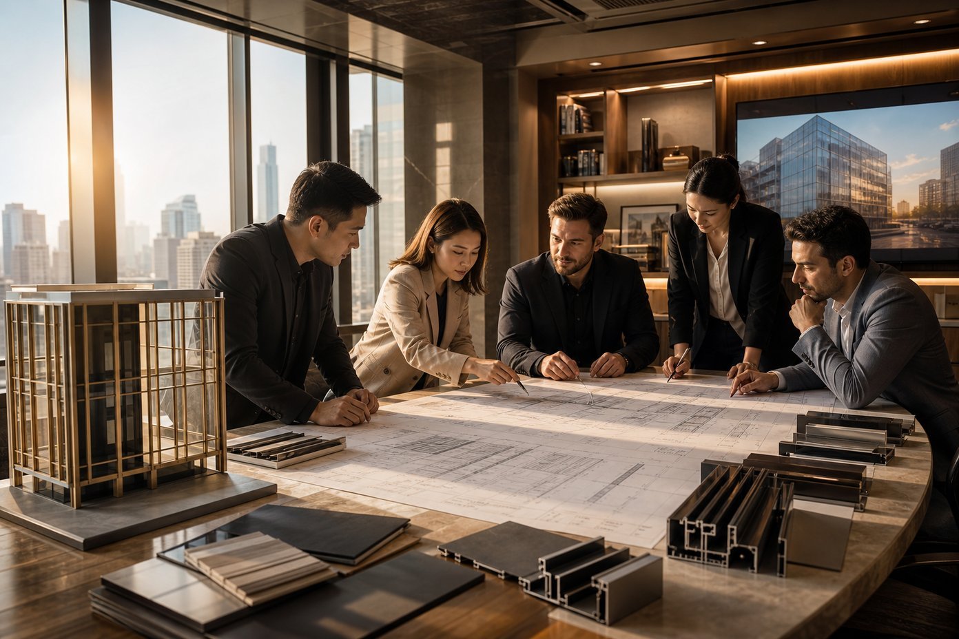 Architects and engineers reviewing curtain wall drawings together