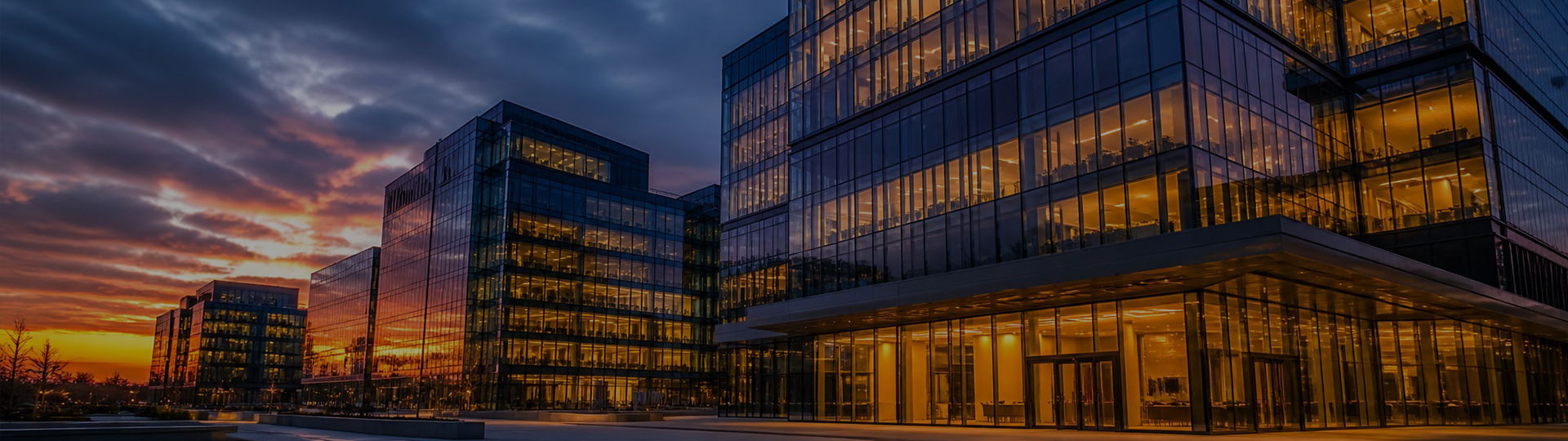 Modern glass curtain wall building facade at dusk