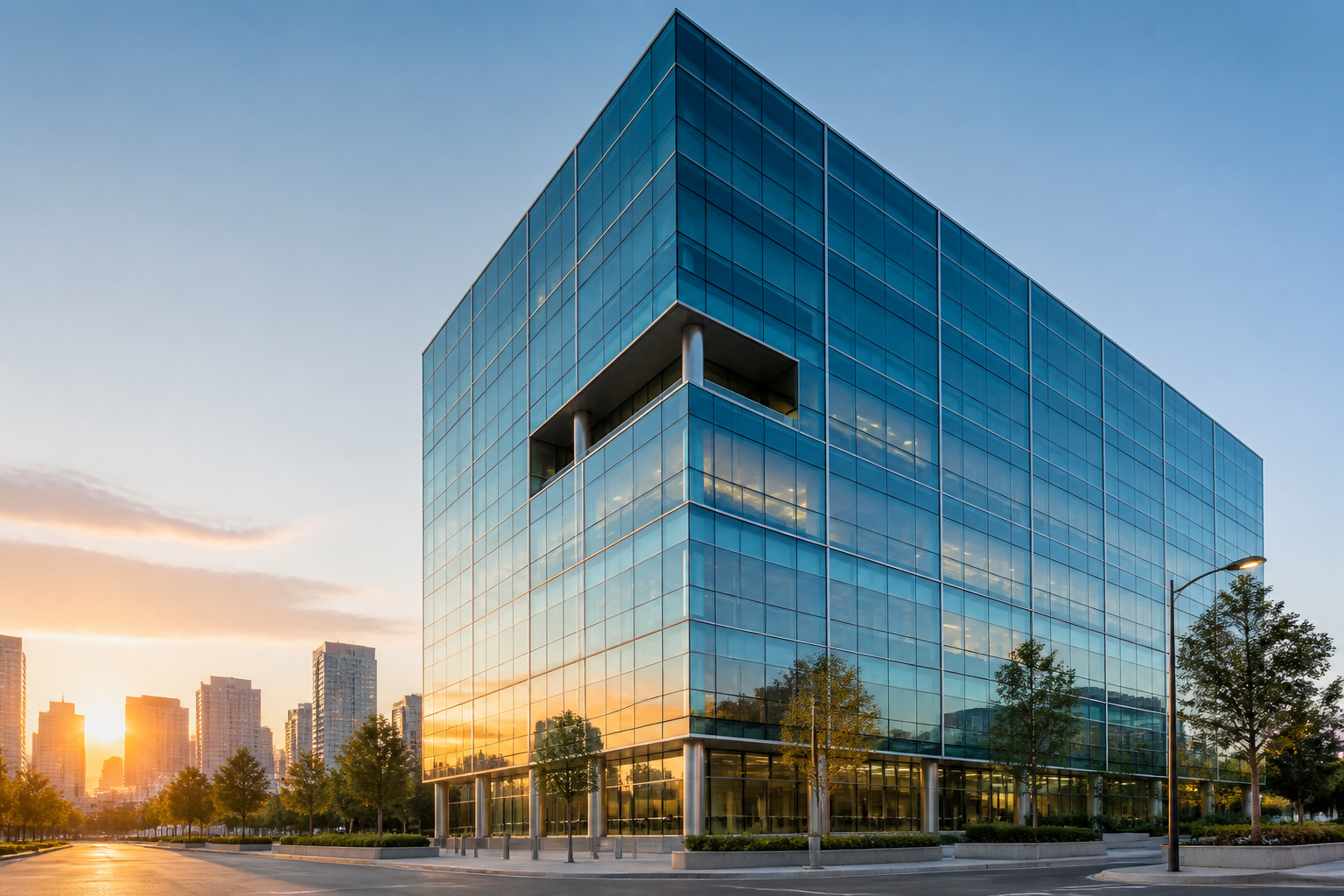 Modern commercial office tower with glass curtain wall at golden hour