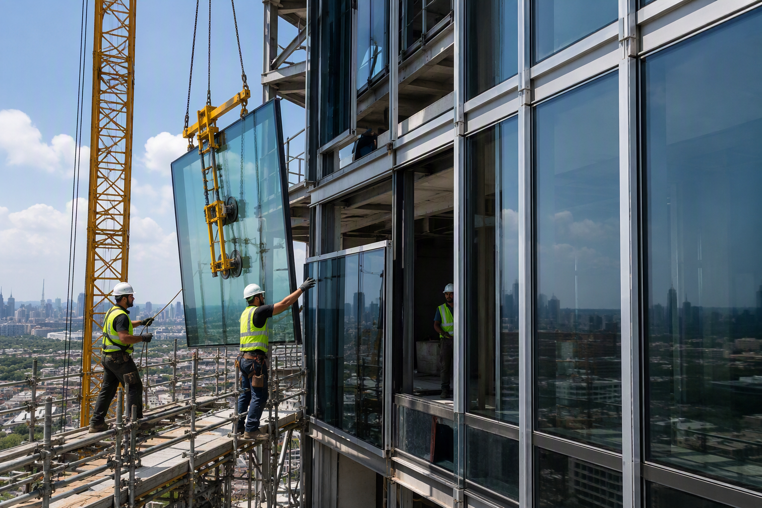 Construction workers installing glass curtain wall panels on a high-rise facade