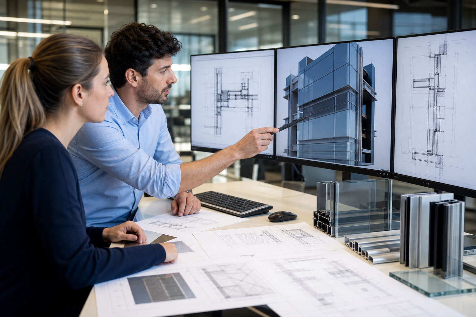 Facade engineers reviewing curtain wall drawings and 3D models
