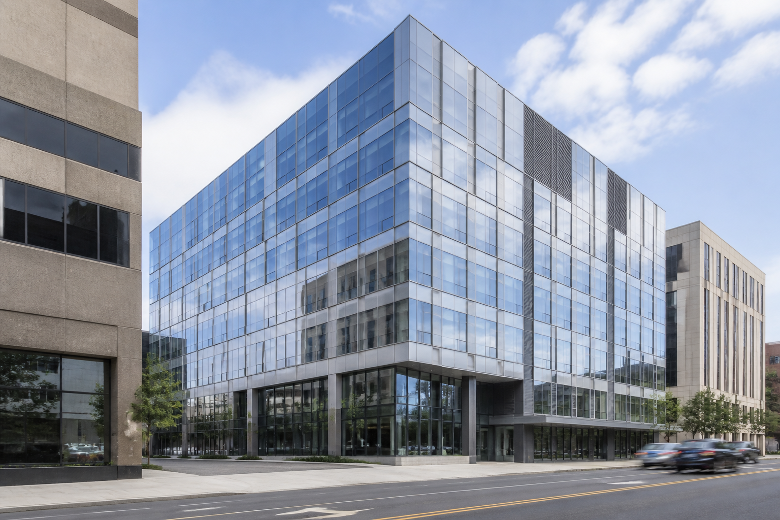North American commercial office building with clean grid curtain wall facade