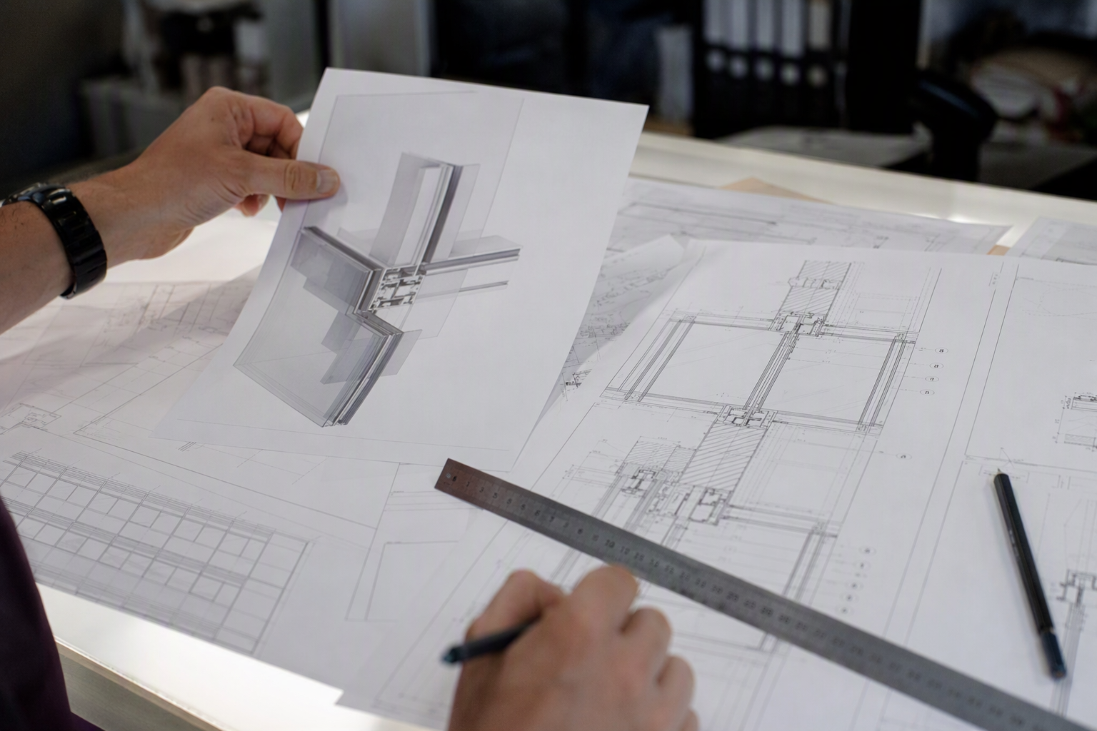 Engineer reviewing structural calculations and shop drawings for curtain wall system