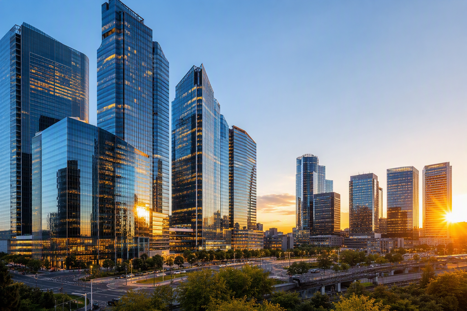 Modern commercial district skyline with glass curtain wall towers at golden hour