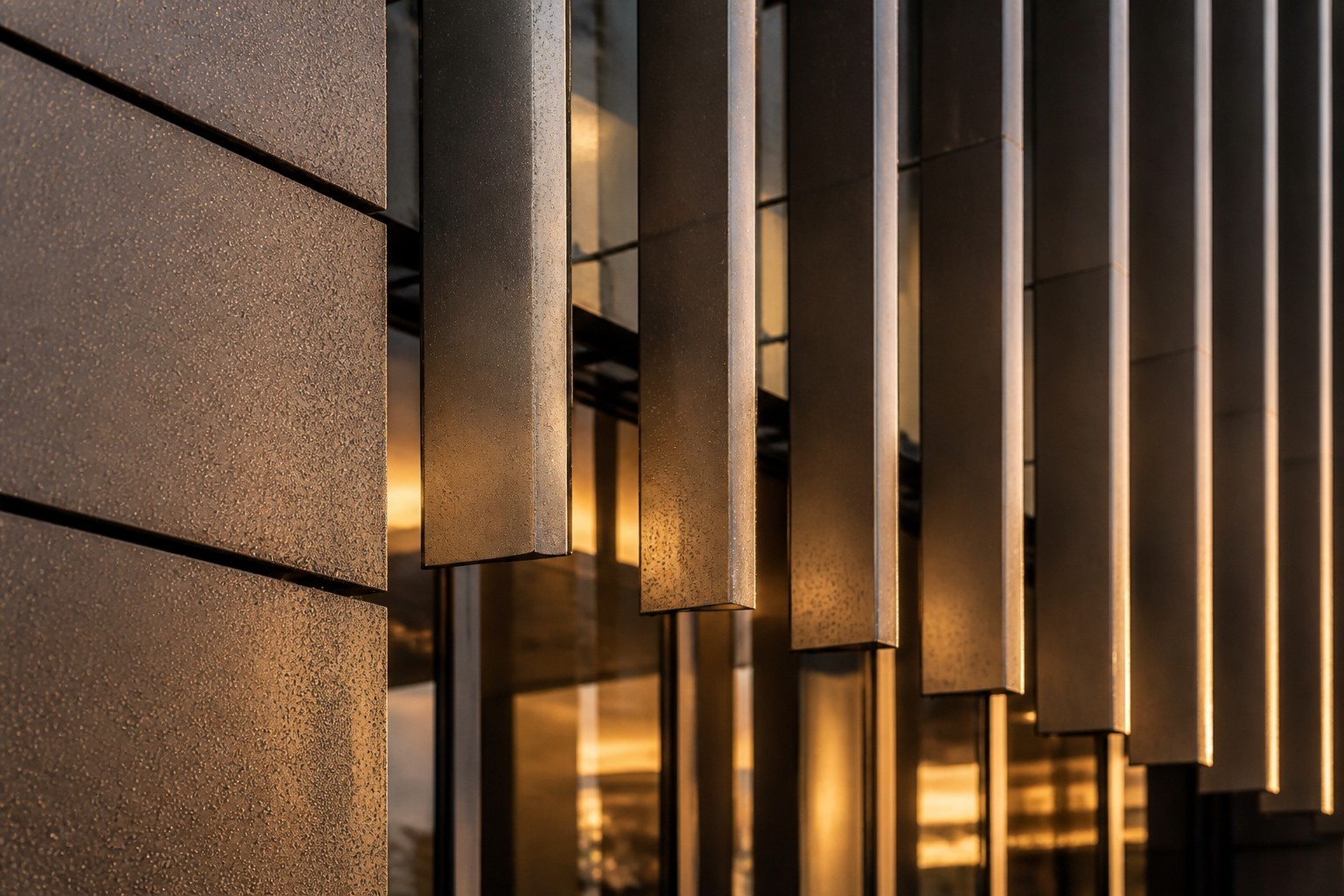 Aluminum facade system close-up with vertical fins