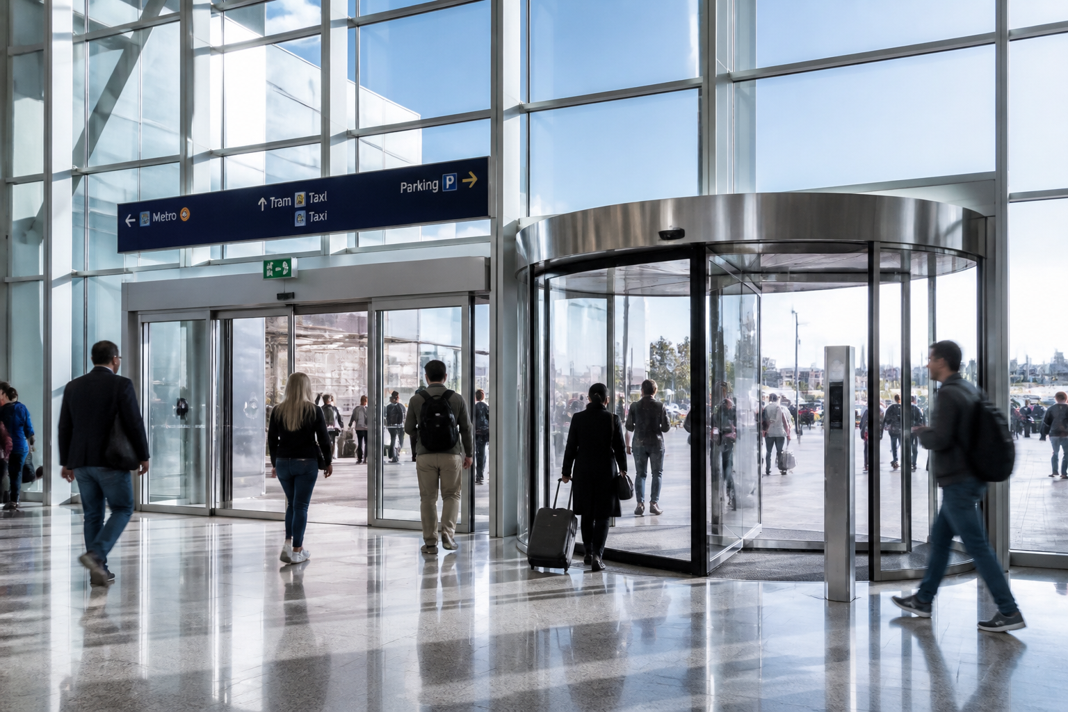 Automatic sliding and revolving entrance for transit building